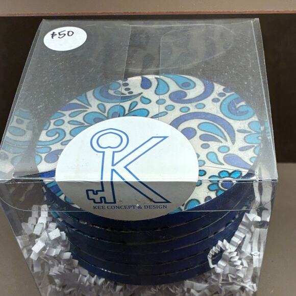 Kee Concept and Design Coasters New Set of 6 Round Blue Paisley Floral Motif - Picture 1 of 3